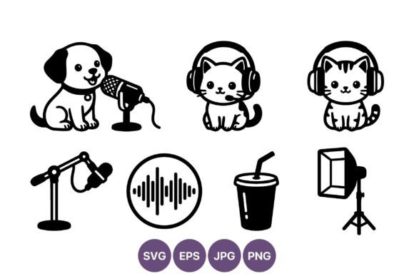 Cat and Dog Recording Podcast Icons Set