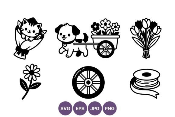 Cat in Bouquet and Dog with Flower Cart