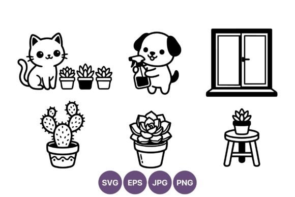 Cute Cat Dog with Succulents Vector Art