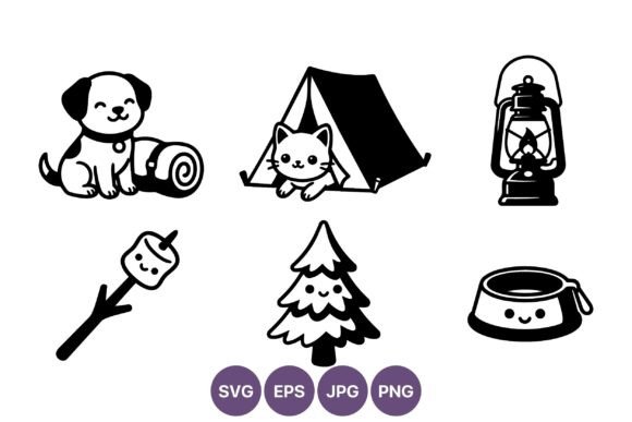 Cute Dog Cat Camping Icon Set Black Review