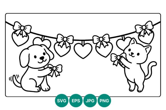Cute Dog Cat Heart Garland Bow Vector