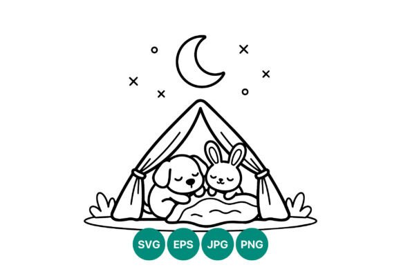 Sleeping Dog and Rabbit in Tent Line Art